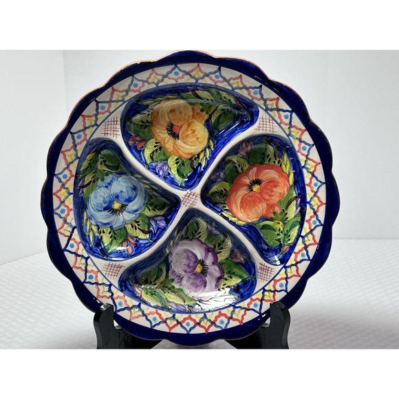 Unmarked Other - Vintage Floral Hand Painted Divided Serving Pottery‎ Tray Made in Portugal